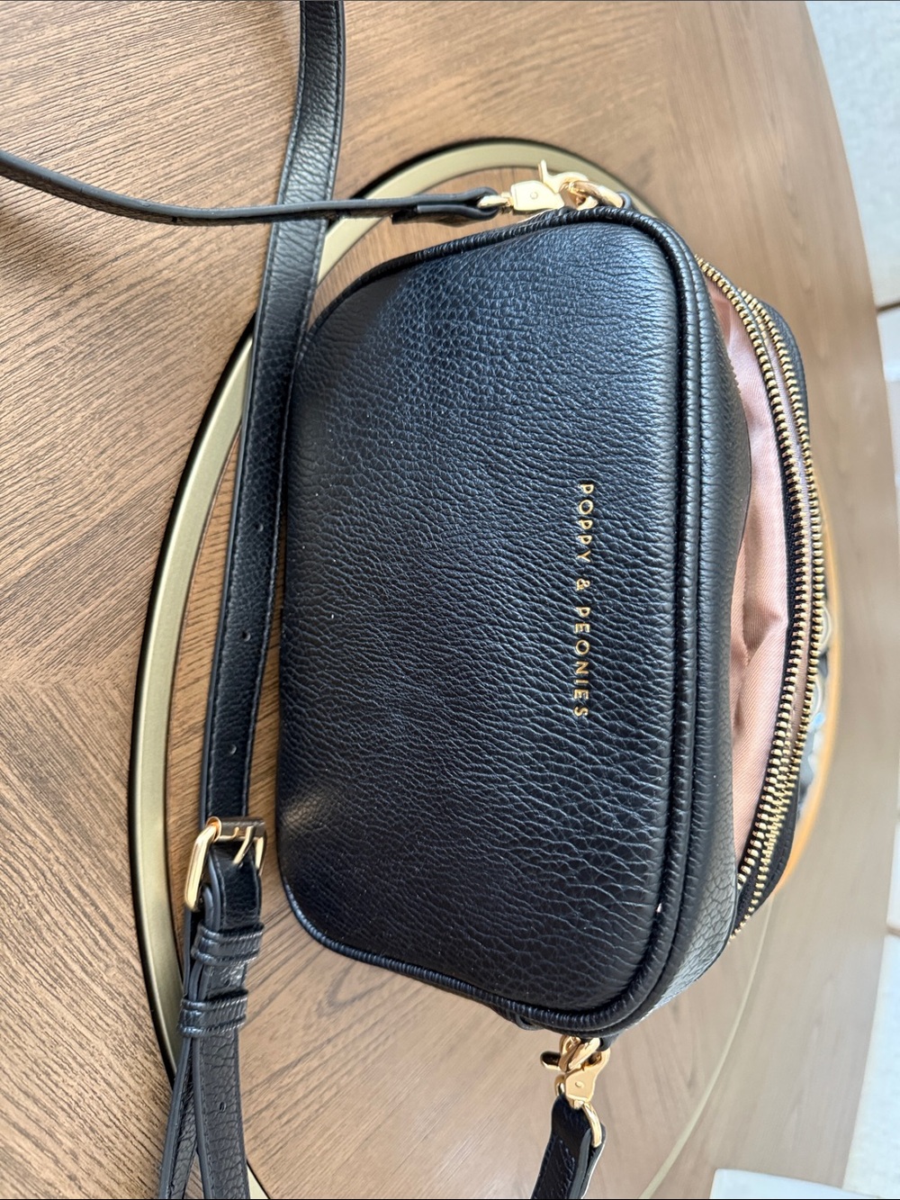 Poppy & Peonies Black Pebbled Leather Crossbody with Gold Hardware
